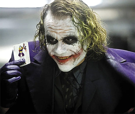 Heath Ledger as the Joker  in Christopher Nolan's 2008 superhero film The Dark Knight