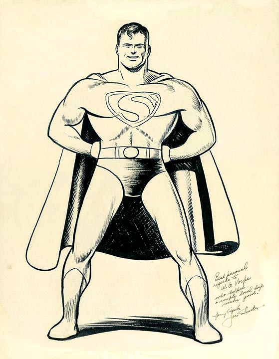 Illustrator: Siegel Shuster Early Illustration of Superman black & white linear drawing
