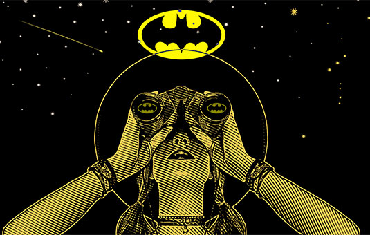 Concept: Looking ahead. Woman with binoculars Batman logo