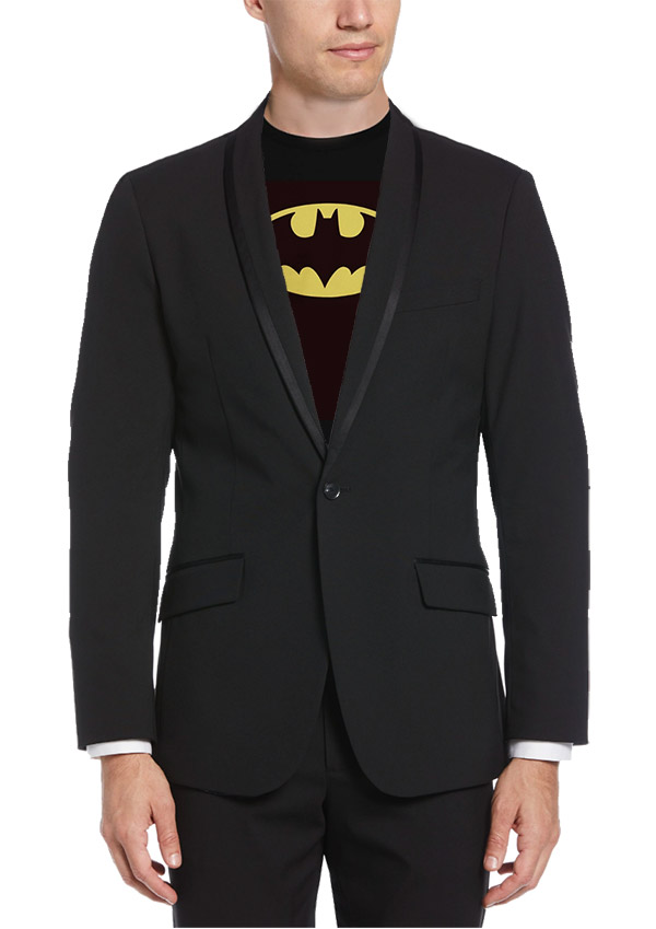 man wearing tux with Batman logo black t shirt