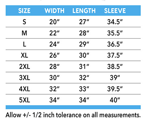 size chart adult hoodie