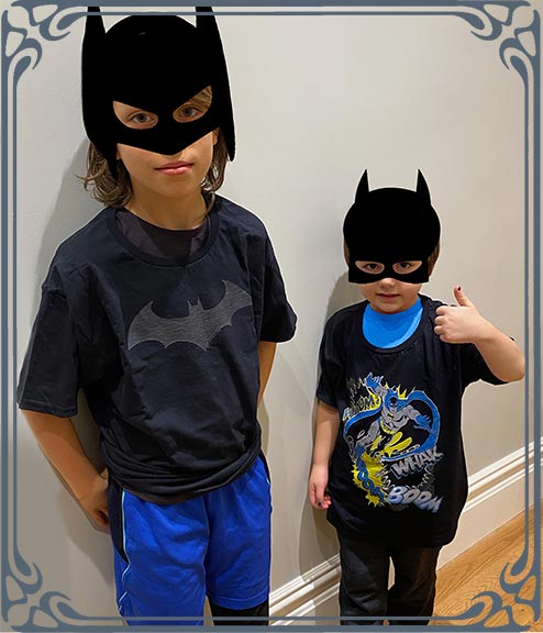 2 boys in Batman t shirts- Hush & Batman in Action designs